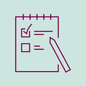 Ein burgunderfarbenes Icon einer Liste zum Abhaken mit Stift auf türkisfarbenem Grund