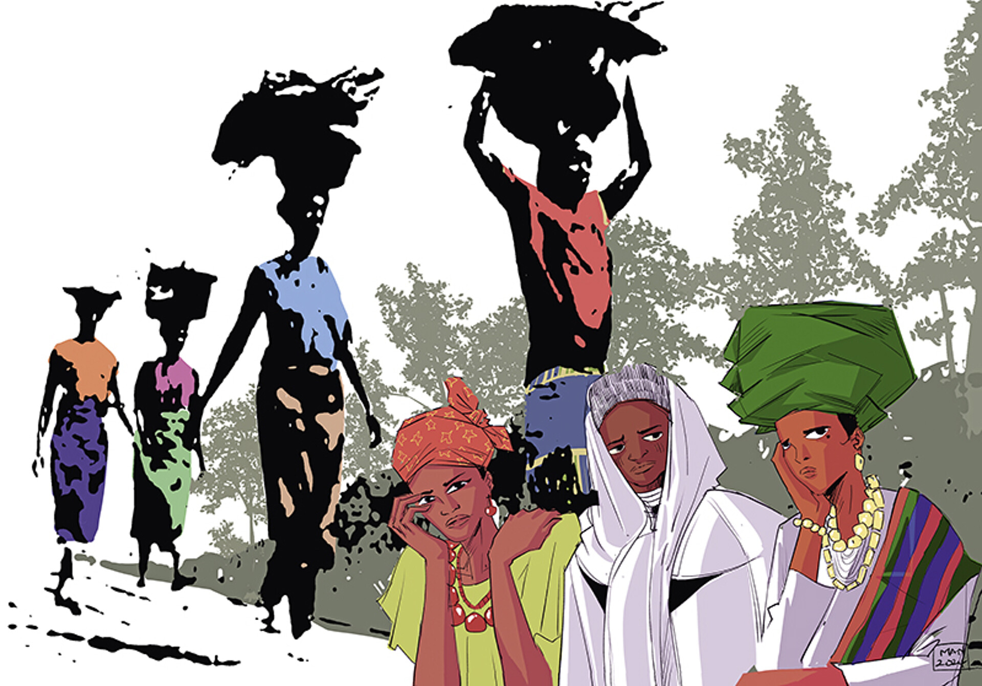 Das Bild „Rest for the Weary“ von Gift Amarachi Ottah zeigt Frauen in farbenfroher Kleidung, die Lasten tragen und durch die weite Landschaft Nigerias gehen, während einige im Vordergrund erschöpft rasten.