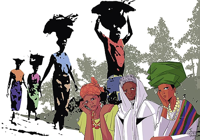 Das Bild „Rest for the Weary“ von Gift Amarachi Ottah zeigt Frauen in farbenfroher Kleidung, die Lasten tragen und durch die weite Landschaft Nigerias gehen, während einige im Vordergrund erschöpft rasten.