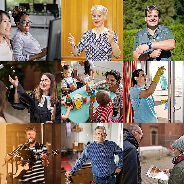 Neunteilige Fotocollage mit Menschen, die verschiedenen Tätigkeiten nachgehen