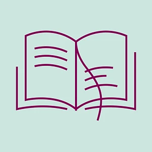 Ein burgunderfarbenes Icon eines Buches auf türkisfarbenem Grund