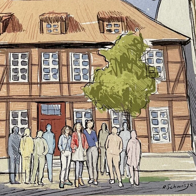 Eine Zeichnung eines Hauses, davor stehen Menschen.