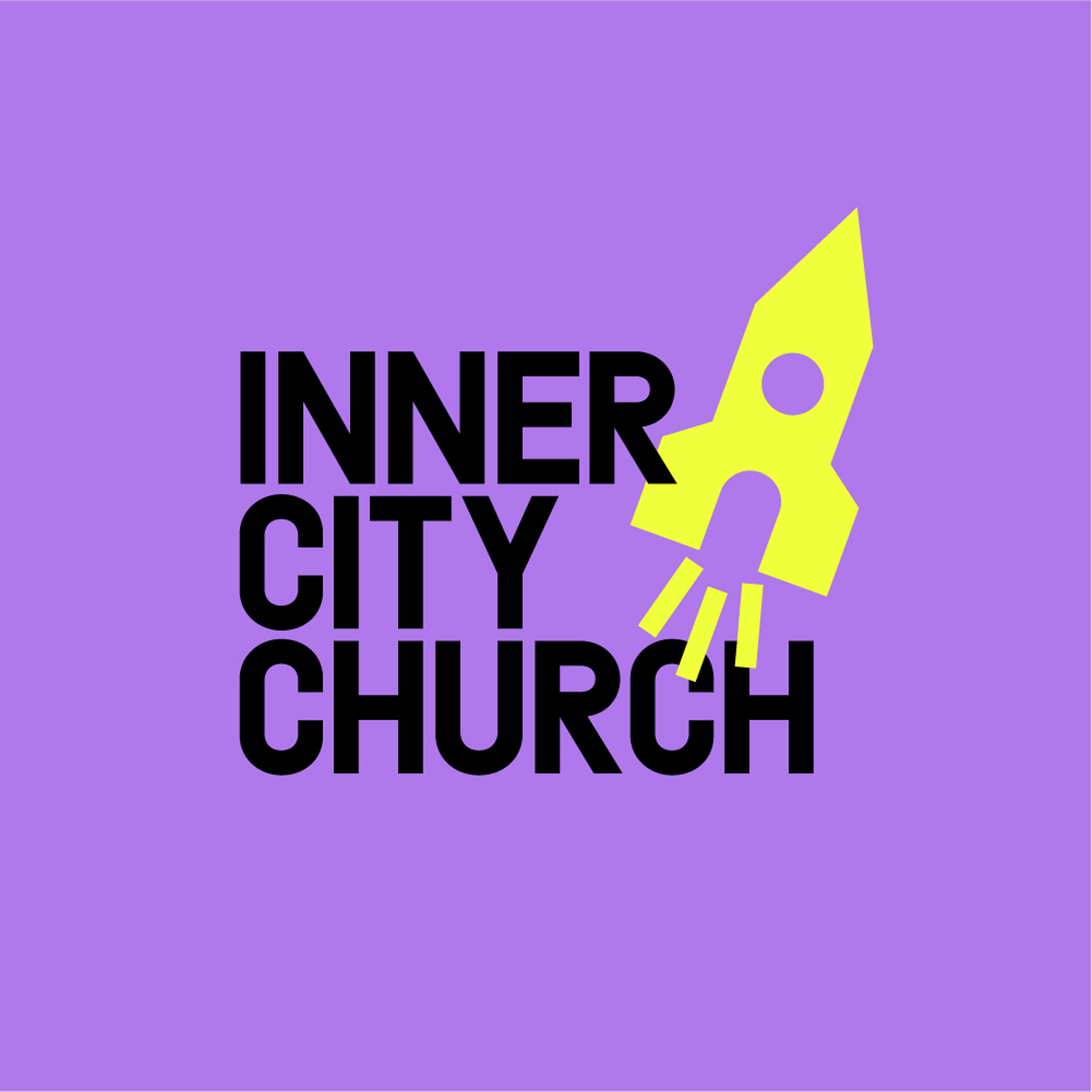 Logo von INNER CITY CHURCH: Eine gelbe Kirche, die wie eine Rakete abhebt und ein schwarzer Schriftzug auf lila Hintergrund.