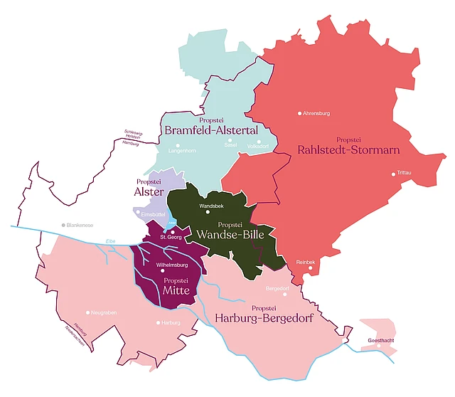 Karte der Propsteien in Hamburg mit farblich markierten Regionen und Stadtteilen 