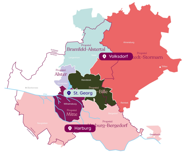 Karte der Propsteien in Hamburg mit den drei hervorgehobenen Standorten des Kirchenkreises 